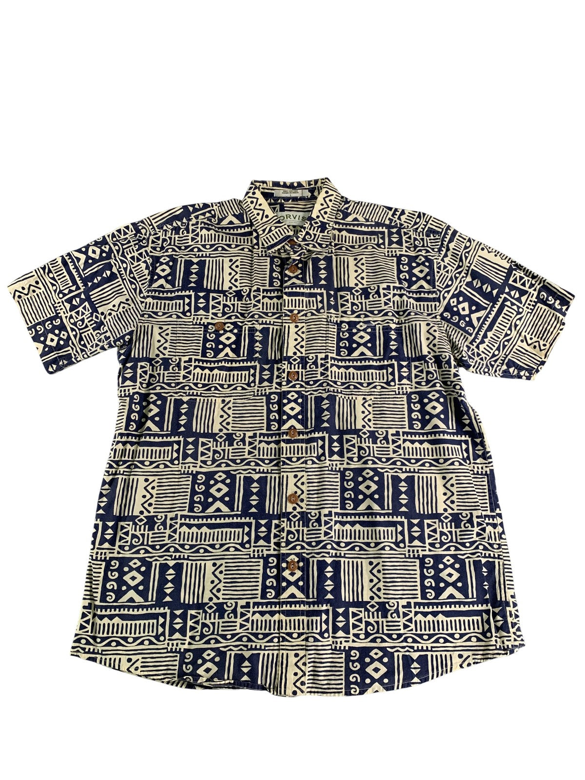 Orvis Shirt Mens Large Blue White Geometric Print Short Sleeve Button Up Cotton