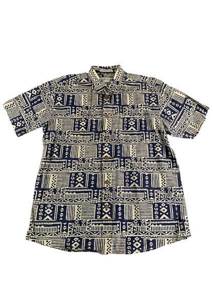 Orvis Shirt Mens Large Blue White Geometric Print Short Sleeve Button Up Cotton