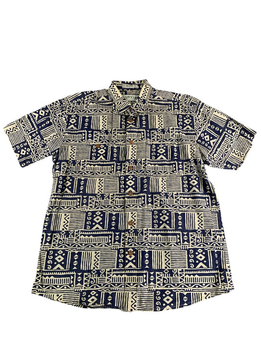 Orvis Shirt Mens Large Blue White Geometric Print Short Sleeve Button Up Cotton