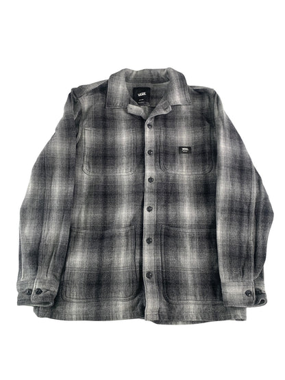 Vans Jacket Mens Medium Black Gray Plaid Fleece Flannel Shirt Classic Fit NWT