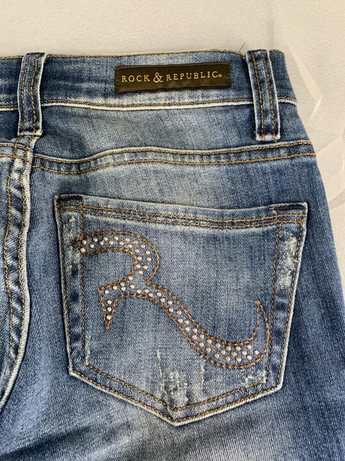 Rock & Republic Jeans Womens 0 Blue Skinny Distressed Stretch Denim Rhinestone