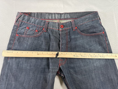 EVISU Classic Straight Leg Jeans 36 Blue 100% Cotton Faded Look Red Denim