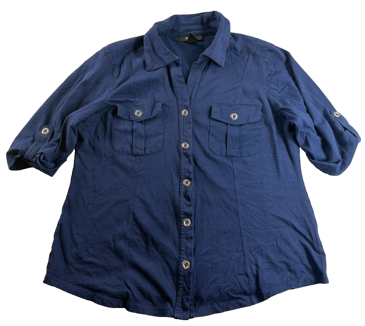 Style & Co Womens S Navy Blue Button Down Shirt 3/4 Sleeve Cotton Utility Top
