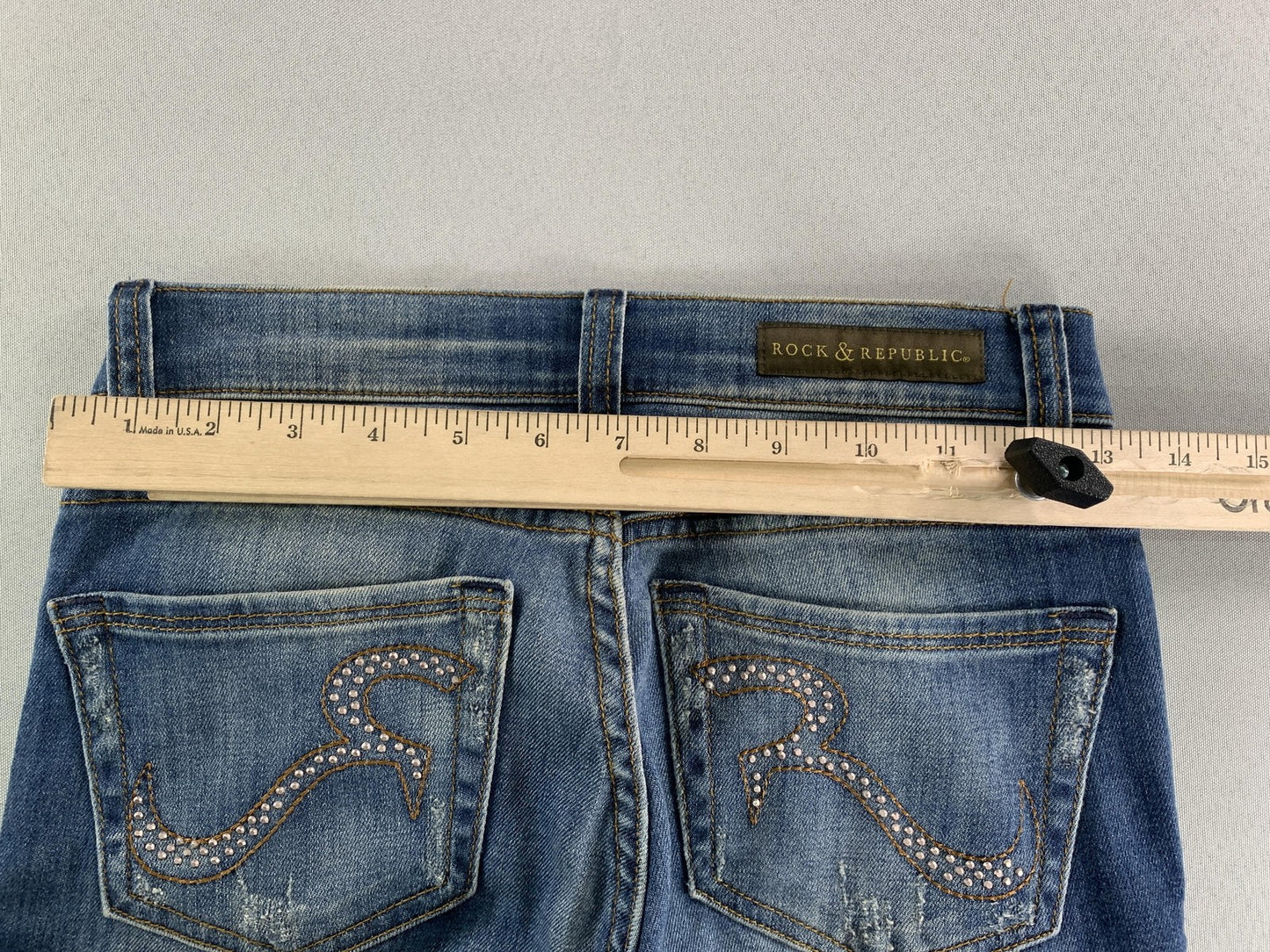 Rock & Republic Jeans Womens 0 Blue Skinny Distressed Stretch Denim Rhinestone