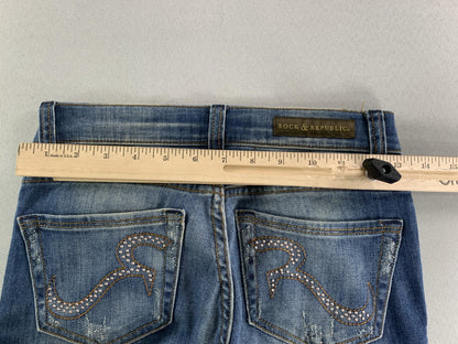 Rock & Republic Jeans Womens 0 Blue Skinny Distressed Stretch Denim Rhinestone