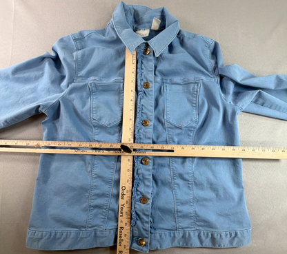 Chico's Womens Denim Jacket Sz 2 L Powder Blue Stretch Frayed Trucker Jean Coat