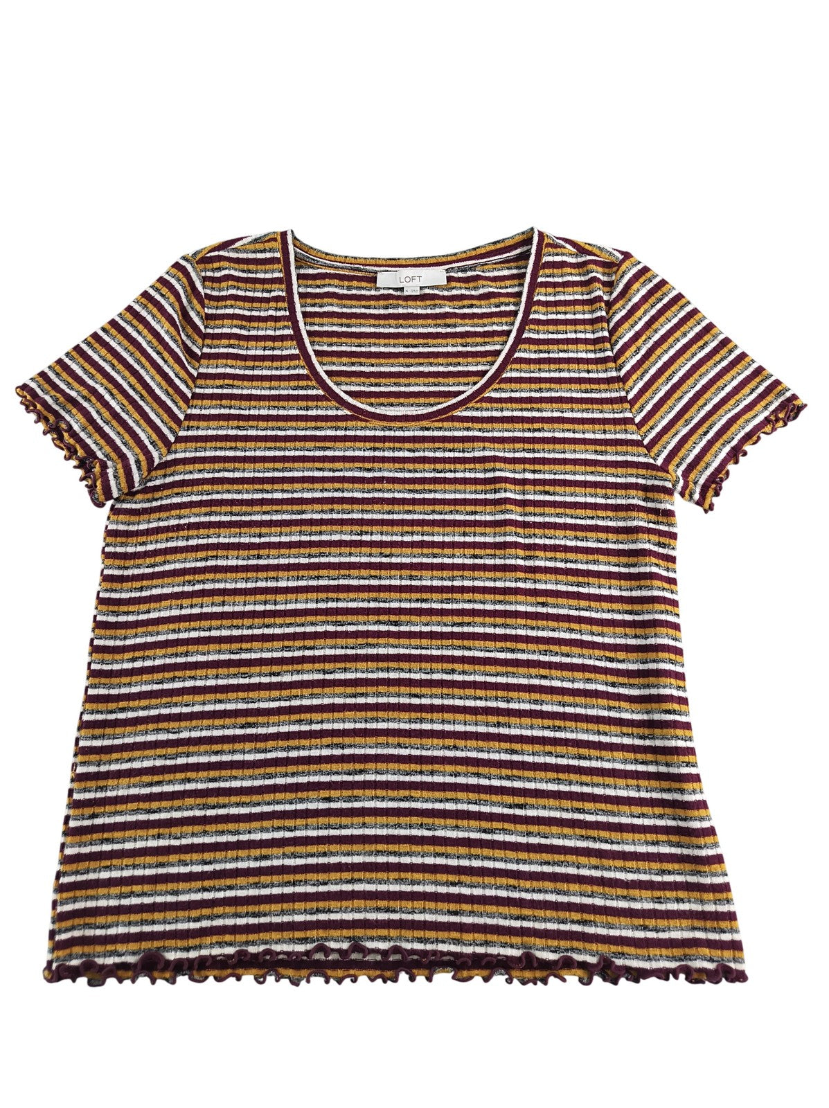 LOFT Shirt Womens XL Burgundy Mustard Striped Ribbed Lettuce Hem Scoop Neck 51