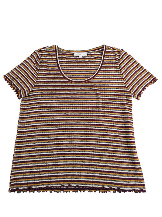 LOFT Shirt Womens XL Burgundy Mustard Striped Ribbed Lettuce Hem Scoop Neck 51