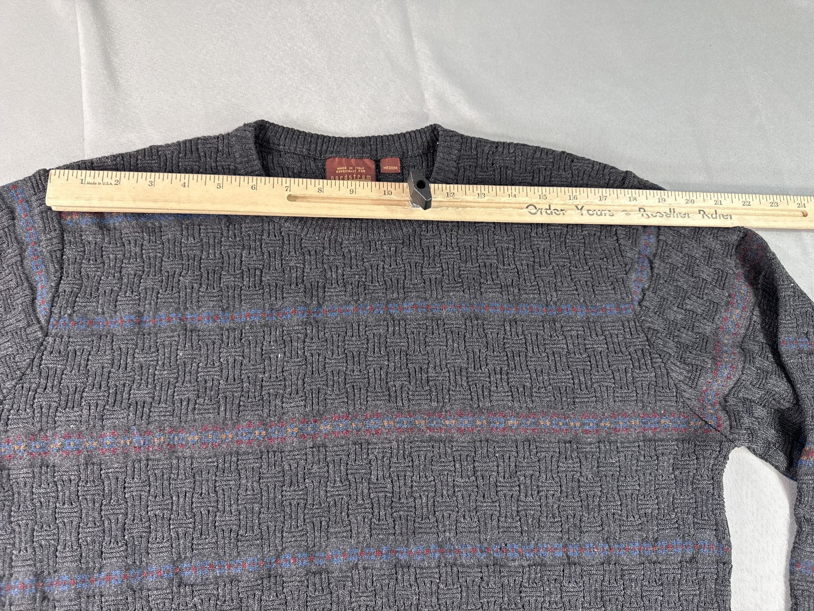 Nordstrom Classic Striped Sweater Medium Gray 100% Extra Fine Merino Wool