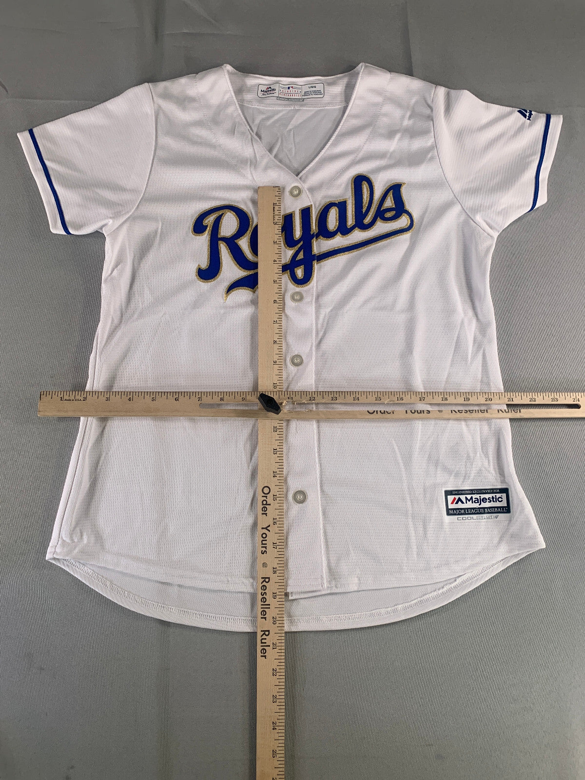 Majestic MLB Royals Cool Base Jersey Womens L White Blue Replica Button Front