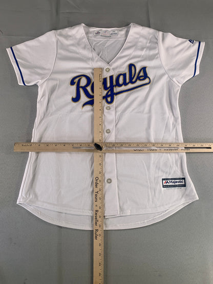 Majestic MLB Royals Cool Base Jersey Womens L White Blue Replica Button Front