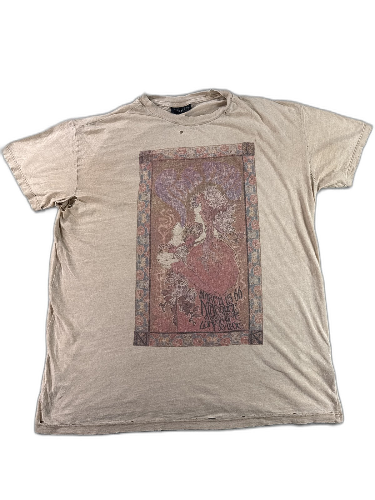 PINK FLOYD Marquee Graphic Tee Large Mens Beige Cotton Short Sleeve Regular Fit
