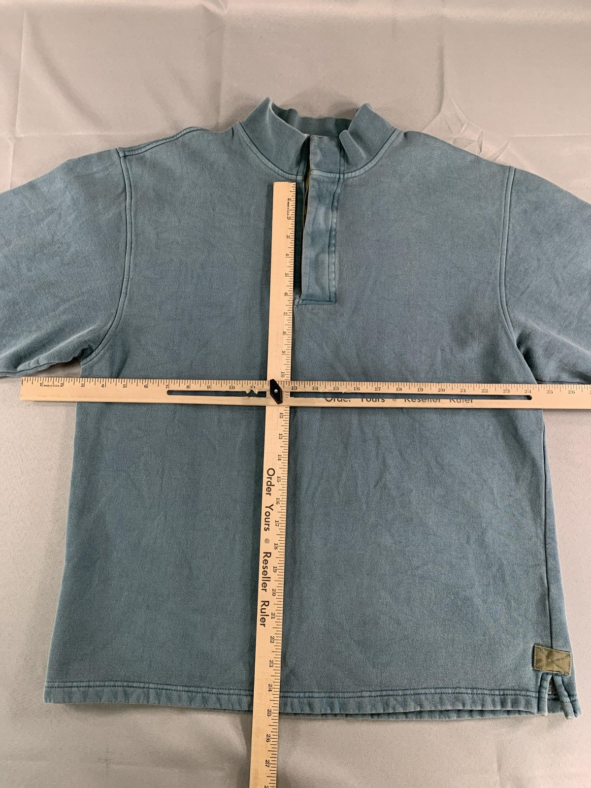 Orvis Pullover Sweater Mens Large Blue Mock Neck Elbow Patch Quarter Snap Casual
