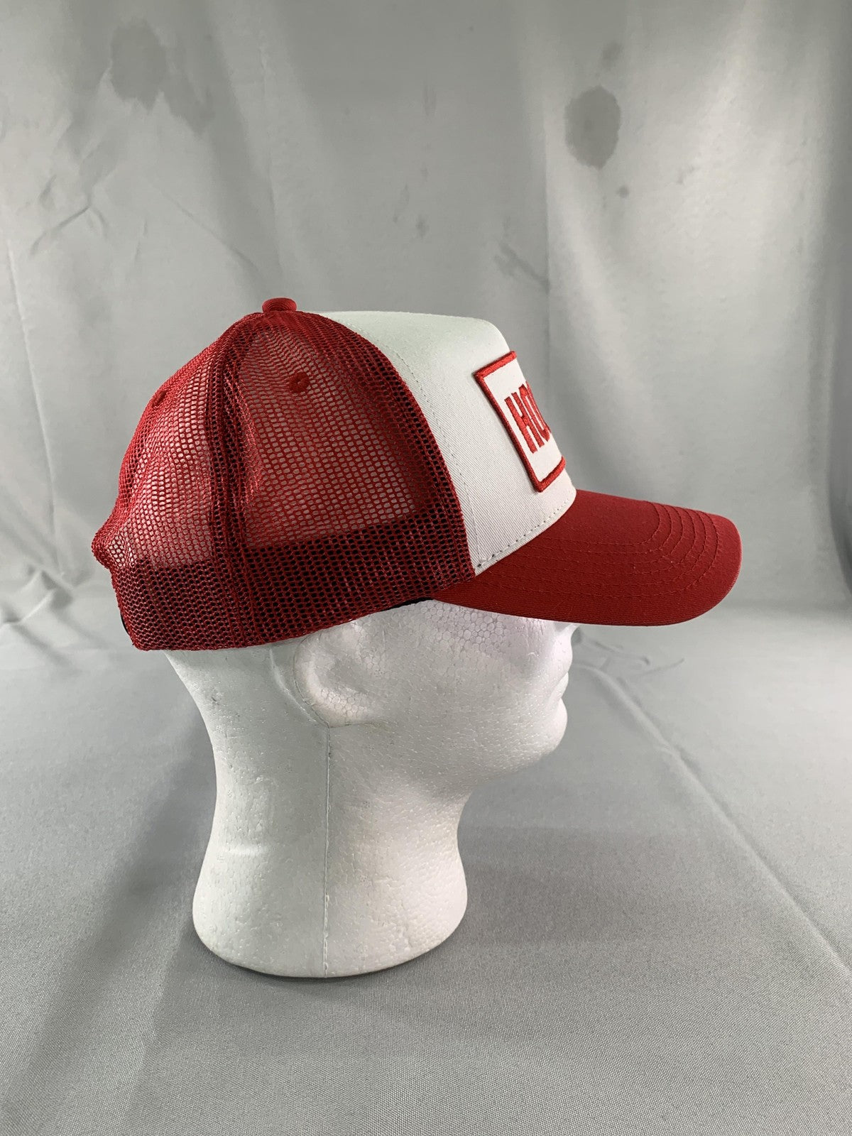 Hockey Hat Cap Snap Back Mens Red White Trucker Mesh Patch Embroidered on Black