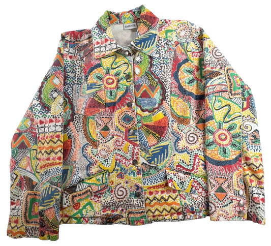 Chicos Abstract Boho Print Cotton Jacket Size 1 Medium Multicolor Button Front