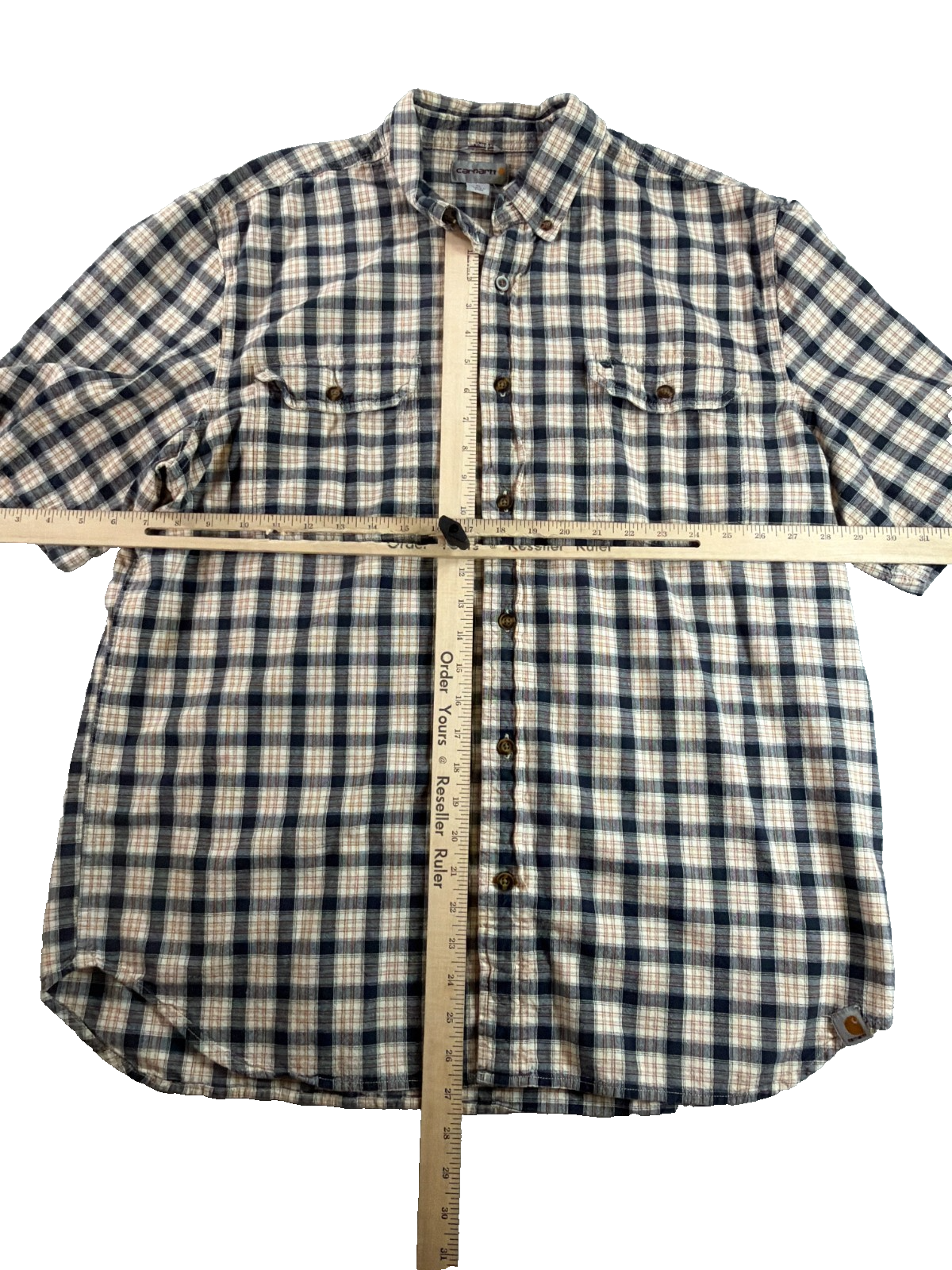 Carhartt Fort Short Sleeve Plaid Shirt Men XL Navy Tan 101158 Button Down Work