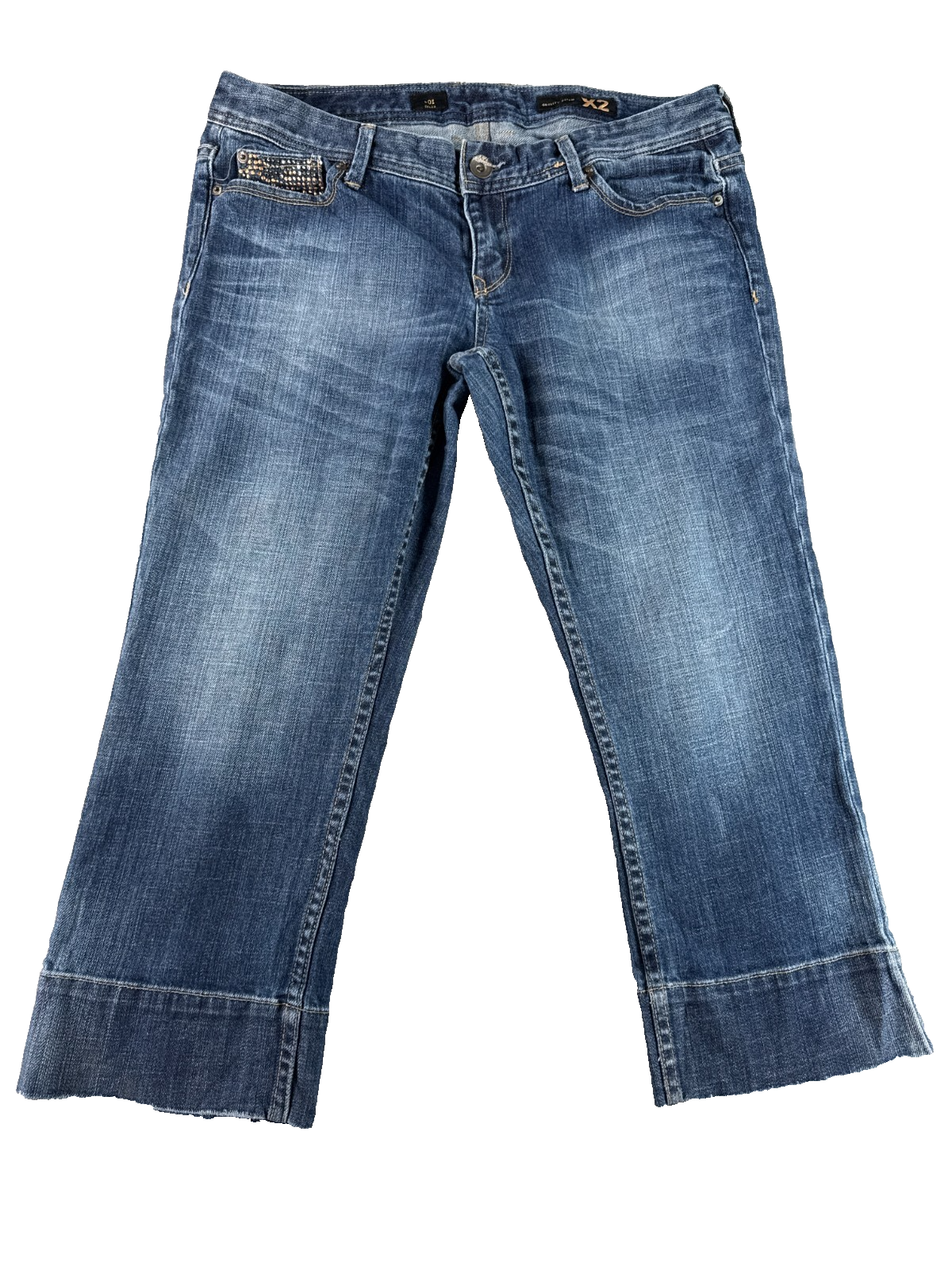 X2 Womens Capri Jeans Size 12 Blue Denim Stretch Bling Pocket Cropped Pants
