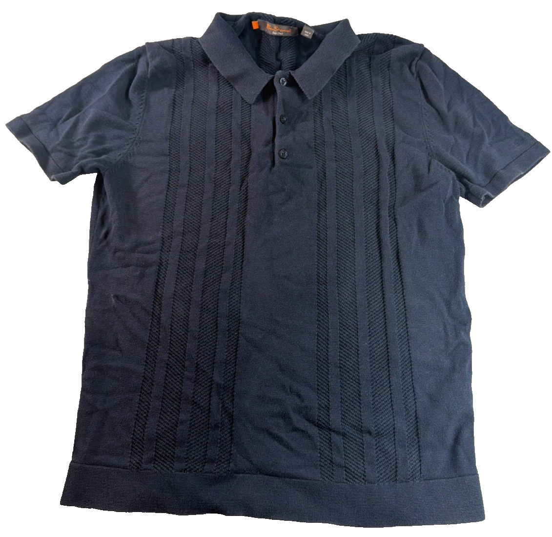 Ben Sherman Mens Large Navy Knit Vertical Stripe Polo Shirt Mod Retro Cotton