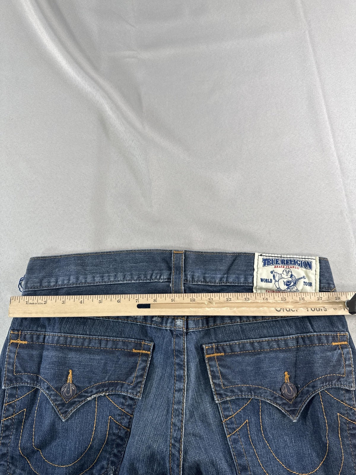 True Religion Jeans Mens 34 Blue Straight Flap Pockets Denim Made USA Dark Wash