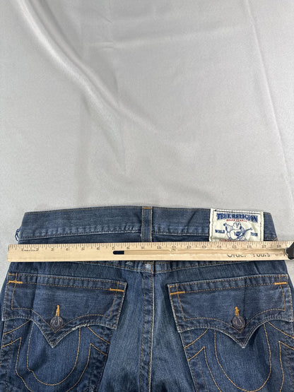 True Religion Jeans Mens 34 Blue Straight Flap Pockets Denim Made USA Dark Wash