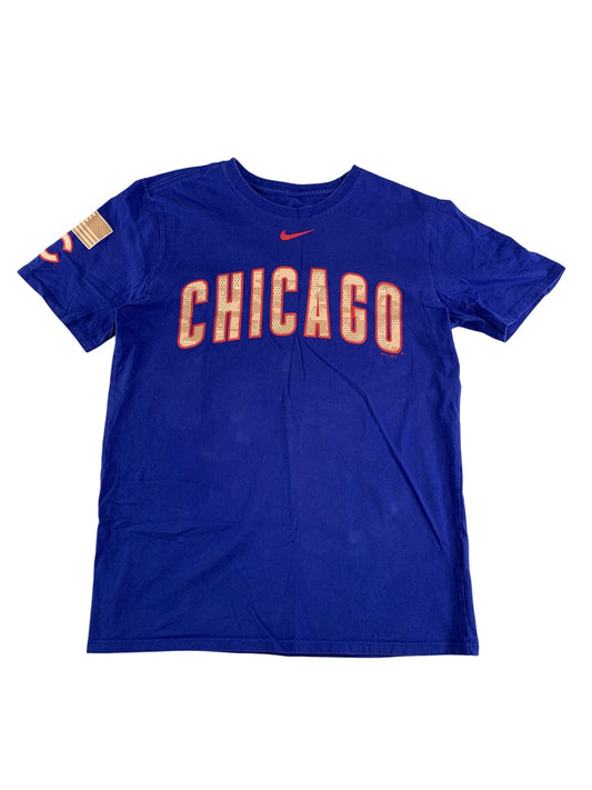 Chicago Cubs Shirt Mens Medium Blue MLB Baseball Nike Athletic Cut USA Flag Tee