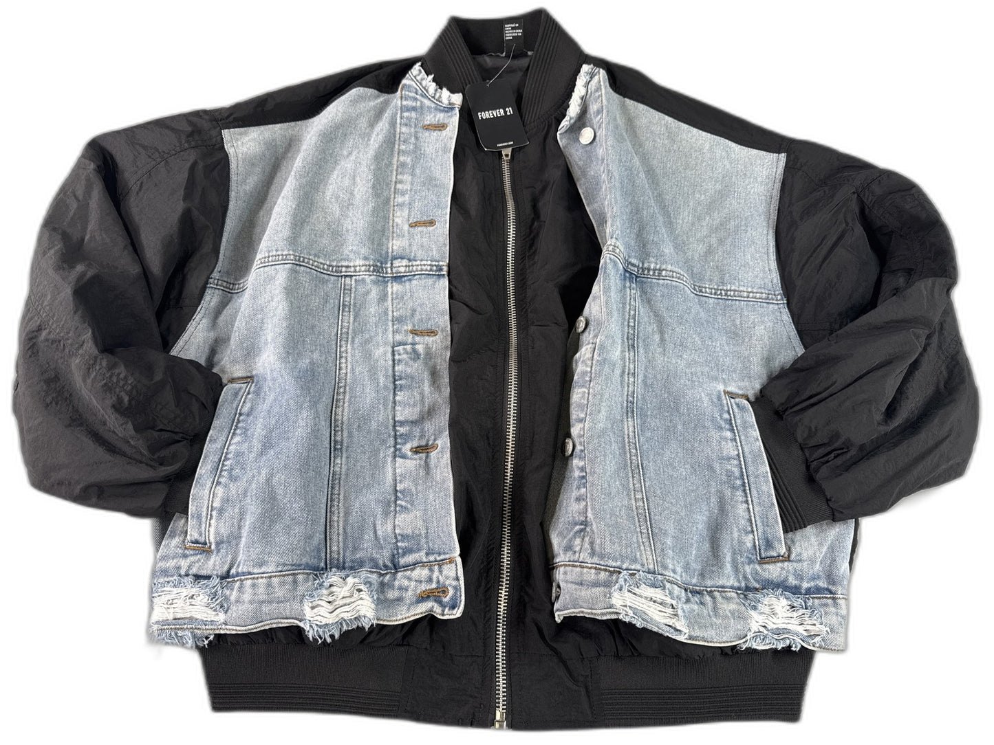 FOREVER 21 Bomber Jacket Womens S Black/Denim Cotton/Polyester Regular Fit Zip