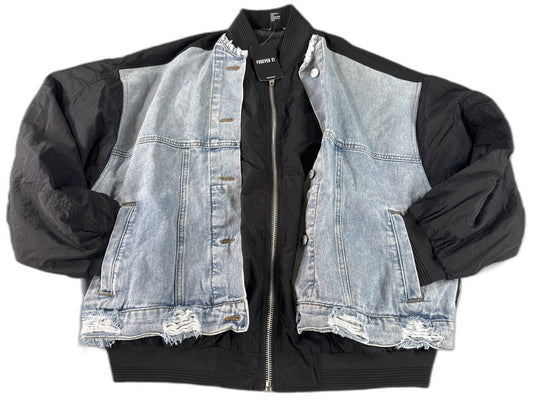 FOREVER 21 Bomber Jacket Womens S Black/Denim Cotton/Polyester Regular Fit Zip