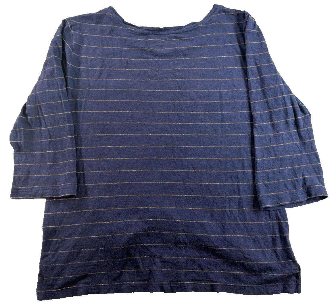 Banana Republic Malibu Tee Navy Gold Metallic Stripe 3/4 Sleeve Pocket Top S