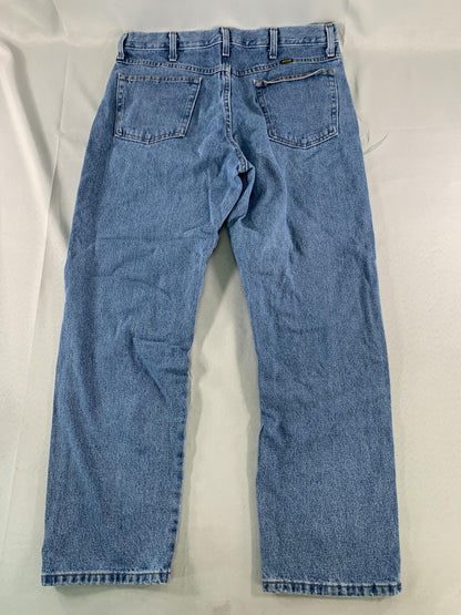 Rustler Jeans Mens 36x30 Blue Denim Straight Leg Five Pocket Zip Fly Medium Wash