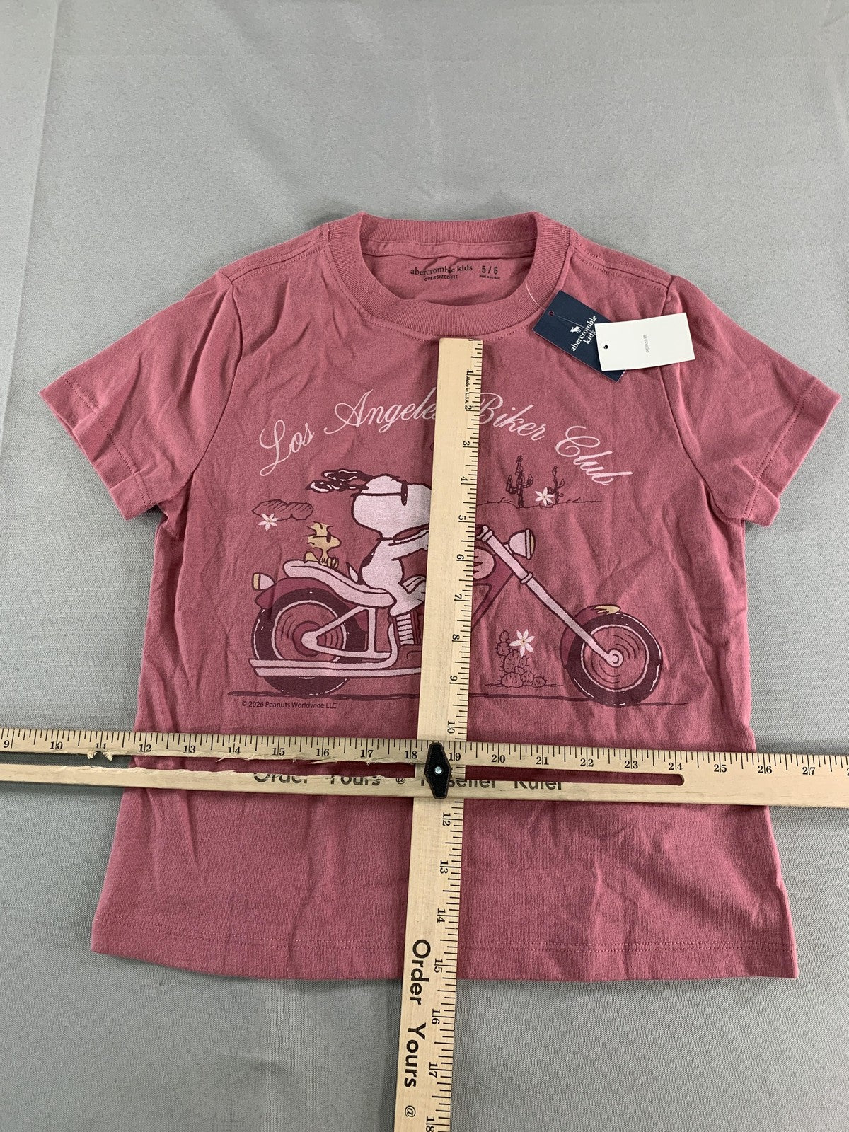 Abercrombie Kids Snoopy Shirt Girls 5/6 Pink Los Angeles Biker Club Oversized on