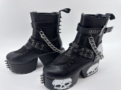 LAMODA Skull Punk Gothic Platform Boots Womens 8 Black Faux Leather Chains Goth