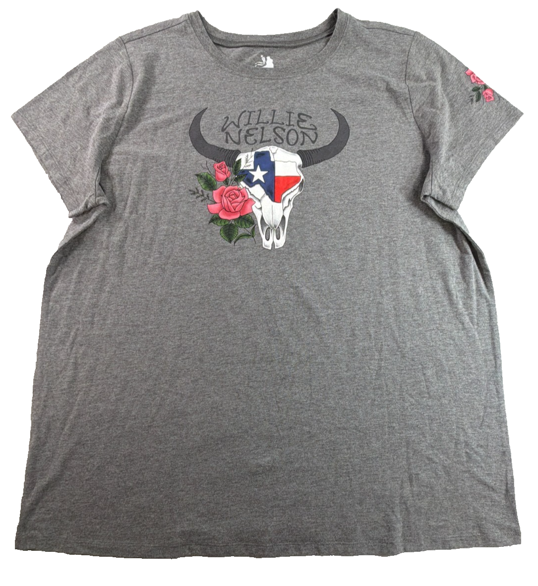 Willie Nelson Womens 2XL Gray Texas Flag Bull Skull Roses Country Music Tee Shir