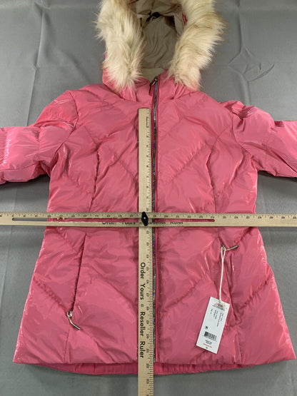 Obermeyer Jacket Womens 10 Pink Glossy Faux Fur Hood Insulated Ski Snow 11224