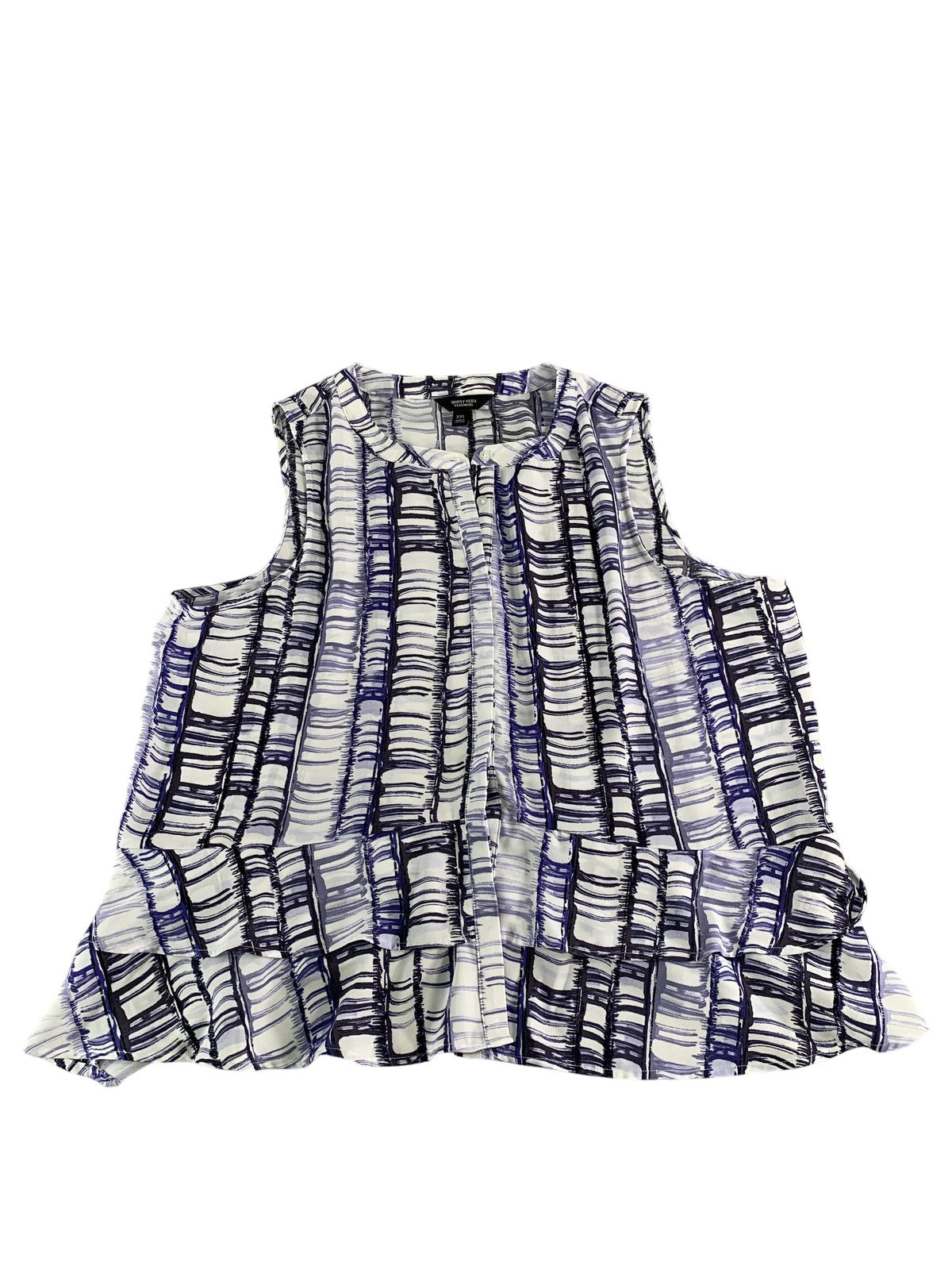 Simply Vera Wang Blouse Womens 2XL Blue White Sleeveless Ruffle Top Plus Pattern
