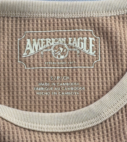 American Eagle Waffle Knit Thermal Shirt Women Small Tan Pine Tree Graphic AEO