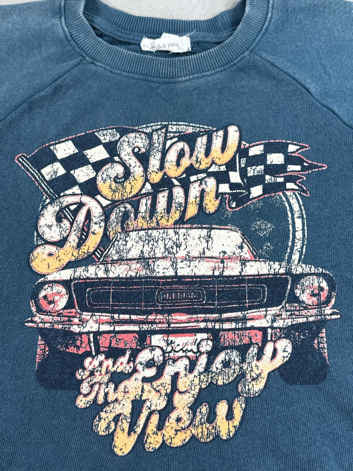 crow coe Car Graphic Retro Sweatshirt XS Blue Distressed Hem Long Sleeve