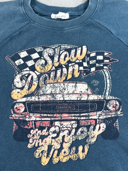 crow coe Car Graphic Retro Sweatshirt XS Blue Distressed Hem Long Sleeve