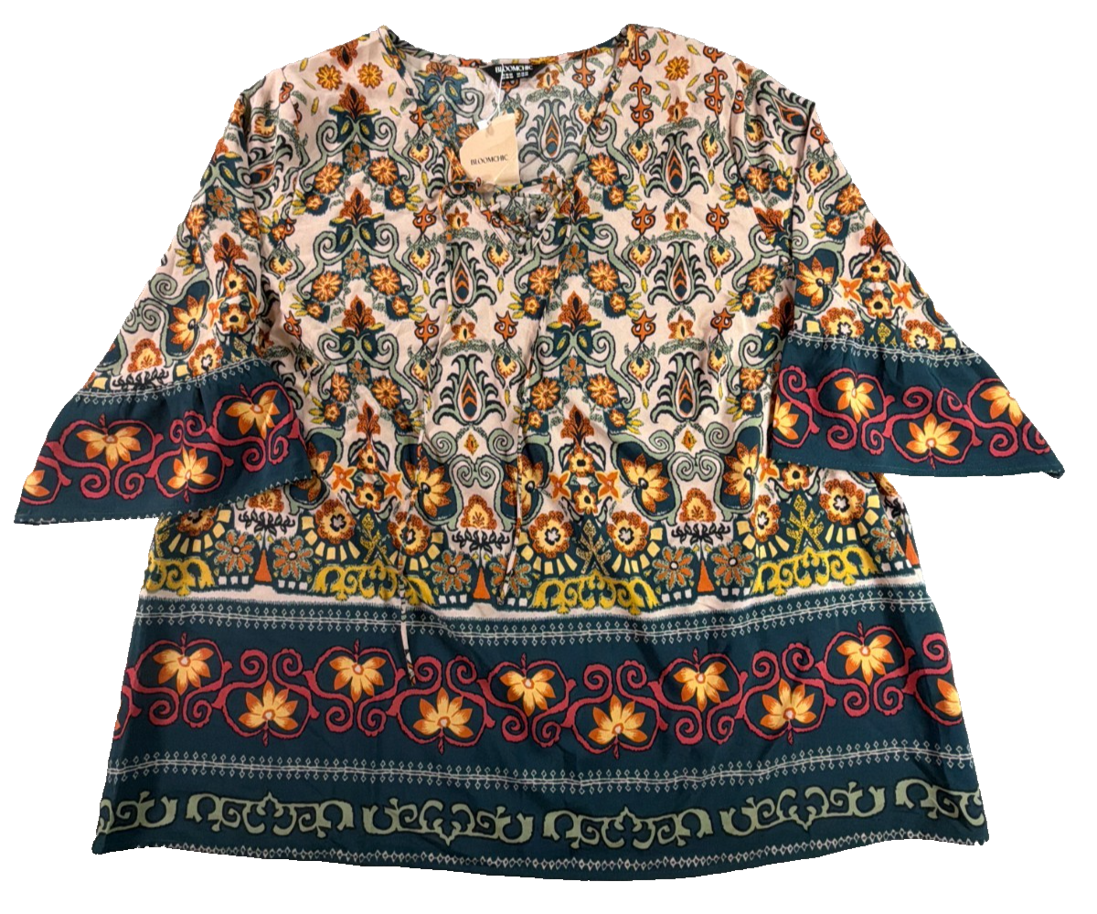 BloomChic Women Plus 18-20 NWT Boho Paisley Border Print Bell Sleeve Tunic Top