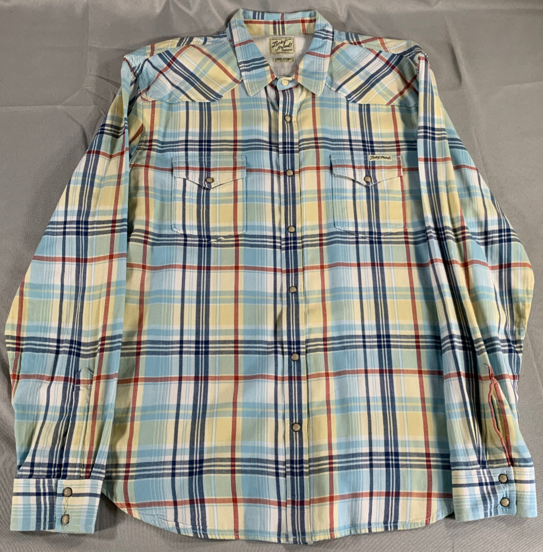 Lucky Brand XXL Western Snap Shirt Blue Green Red Plaid Long Sleeve Cowboy Men