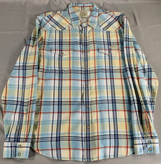 Lucky Brand XXL Western Snap Shirt Blue Green Red Plaid Long Sleeve Cowboy Men