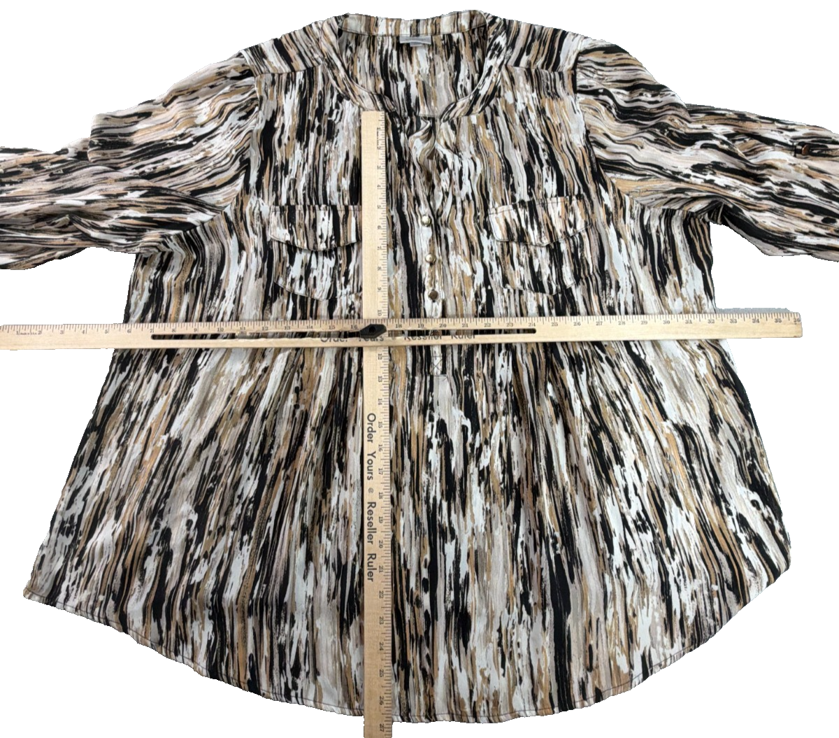 Avenue Women 22/24 Black Tan White Abstract Marble Print Blouse 3/4 Sleeve Top