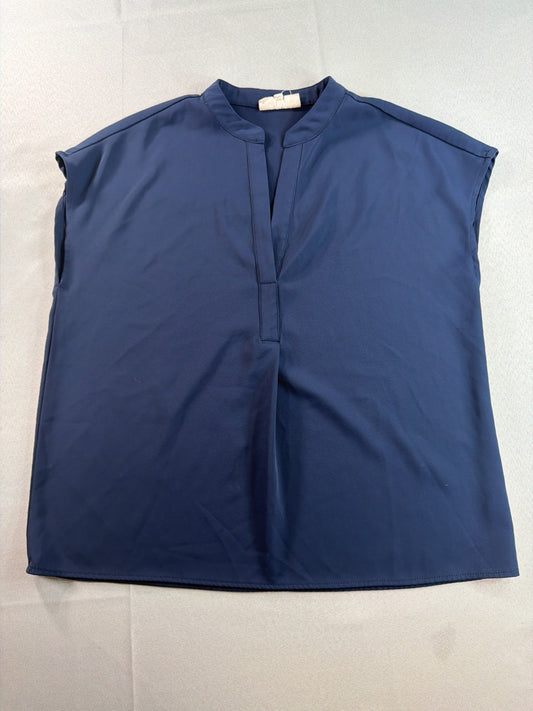 Melloday Split Neck Cap Sleeve Blouse Navy Blue Solid Pullover Top Medium NWT