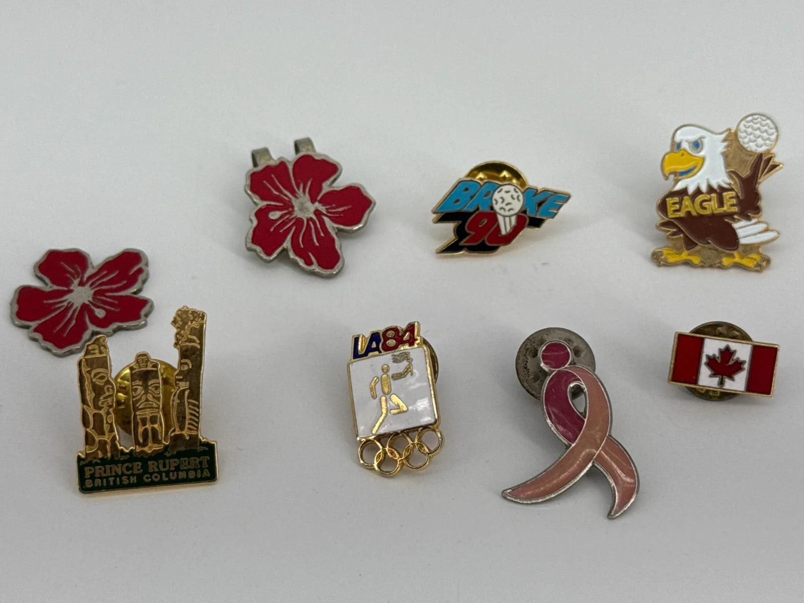 Lot of 9 Vintage Enamel Lapel Pins Hawaii Golf Canada Olympics Eagle Collectible