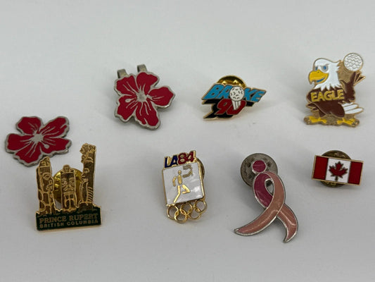 Lot of 9 Vintage Enamel Lapel Pins Hawaii Golf Canada Olympics Eagle Collectible