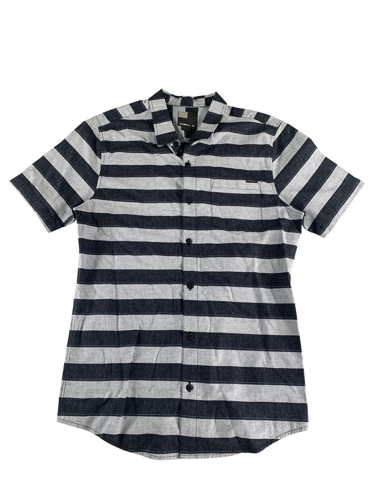O'Neill Shirt Mens Medium Blue Gray Striped Button Up Short Sleeve Casual Summer