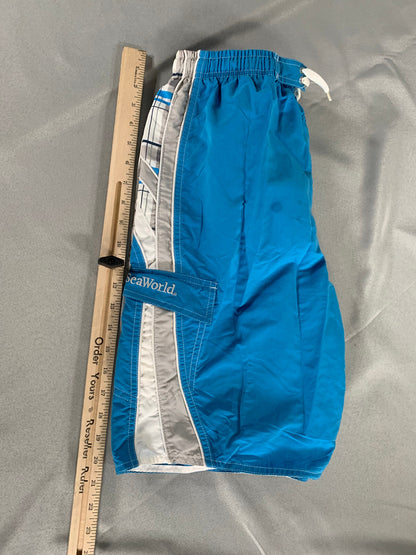 SeaWorld Swim Trunks XL Blue Gray Plaid Board Shorts Mesh Lined 18" Outseam