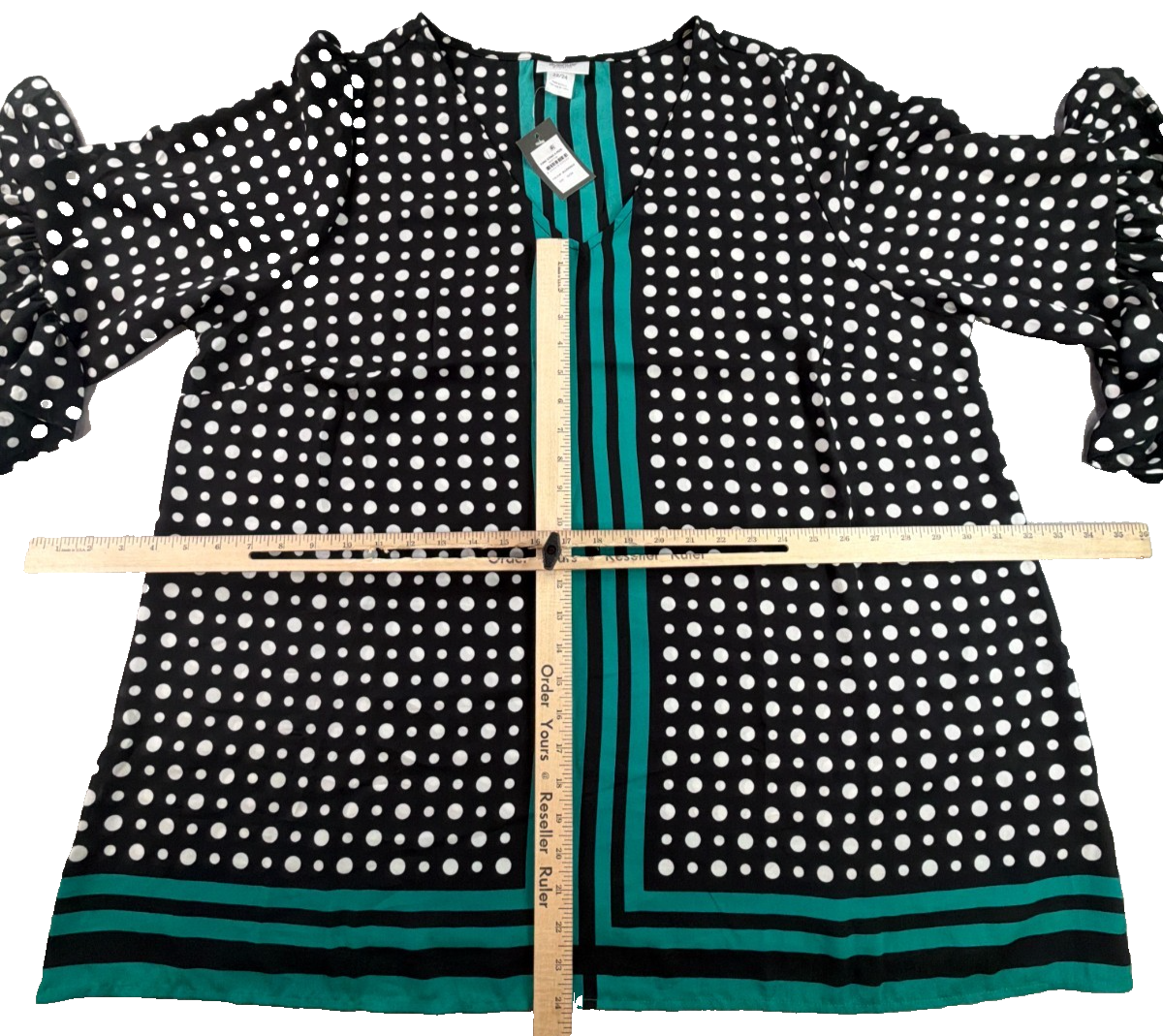 Avenue Studio Tunic NWT 22/24 Black Emerald Polka Dot Ruffle Sleeve V Neck Top