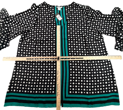 Avenue Studio Tunic NWT 22/24 Black Emerald Polka Dot Ruffle Sleeve V Neck Top