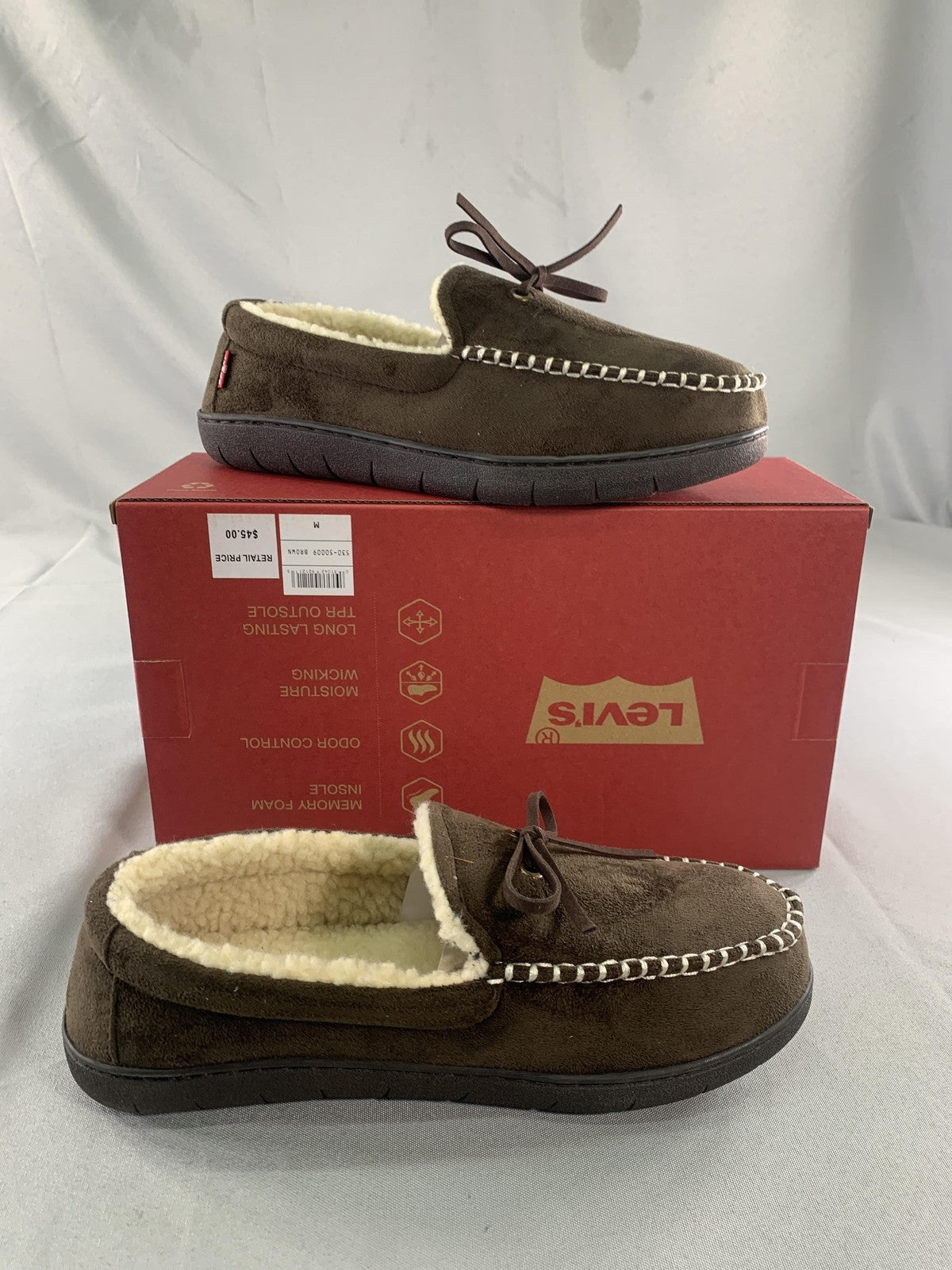 Levis Moccasin Slippers Mens Size 8-9 Brown Memory Foam House Shoes 530-50009