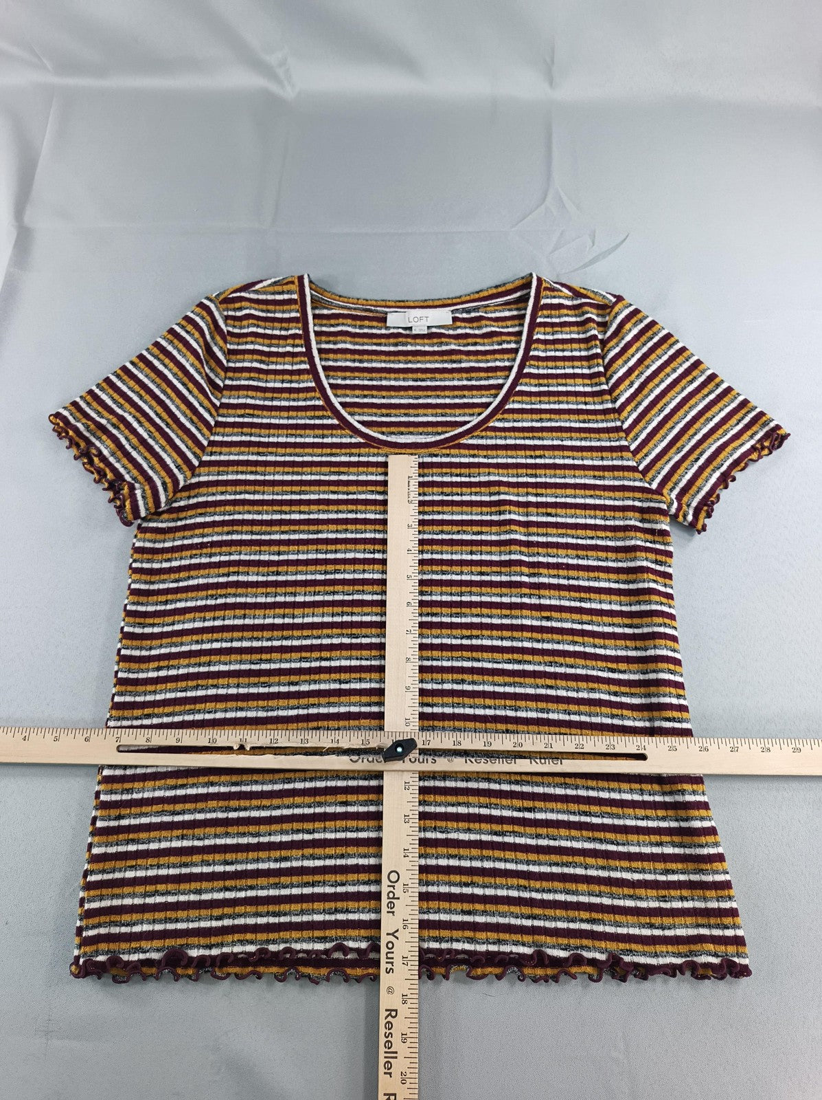 LOFT Shirt Womens XL Burgundy Mustard Striped Ribbed Lettuce Hem Scoop Neck 51